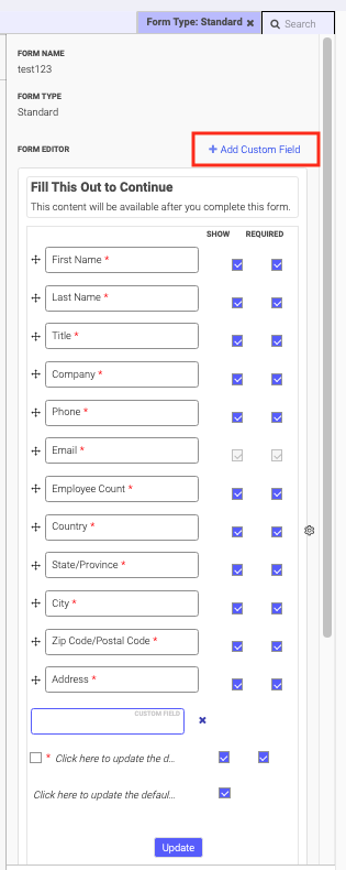 Add Custom Field link