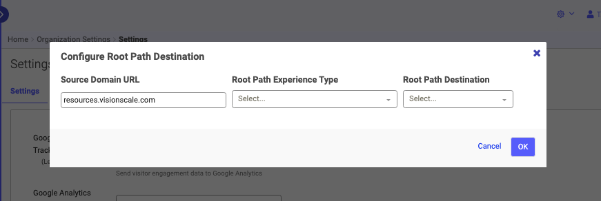 Configure Root Path Destination popup menu