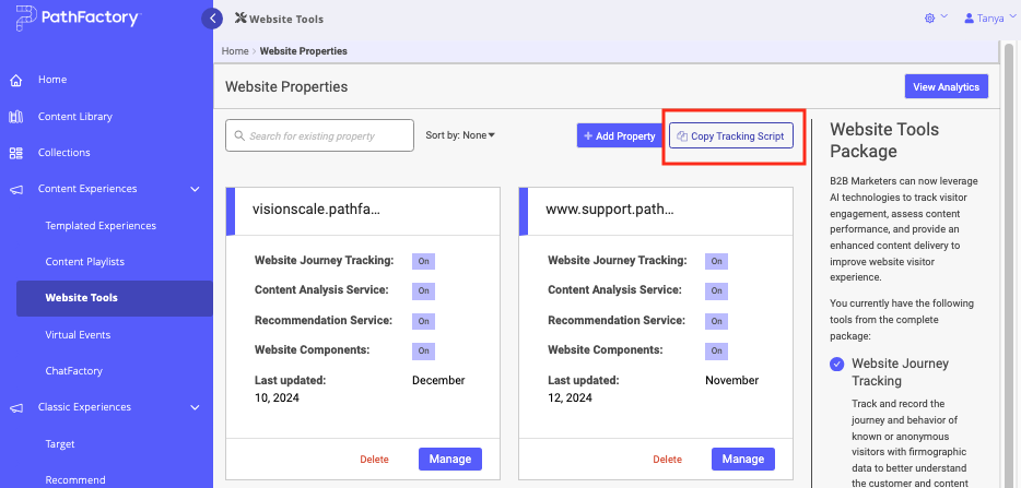 Copy Tracking Script button