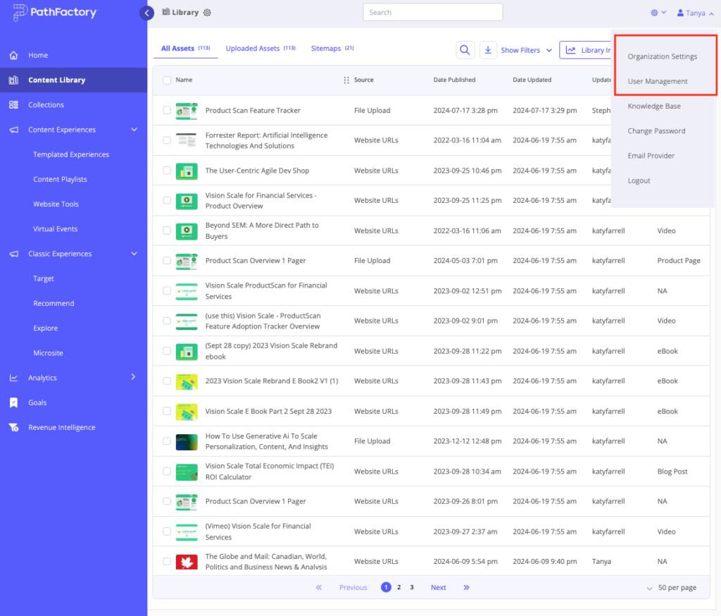 Organization Settings and User Management items