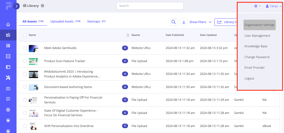 Organization Settings menu