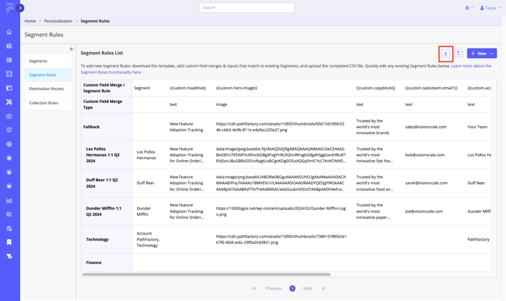 Segment Rules CSV Download button