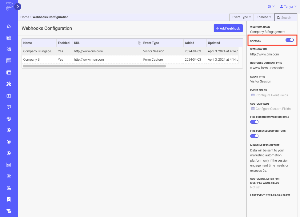 Webhook Enabled toggle