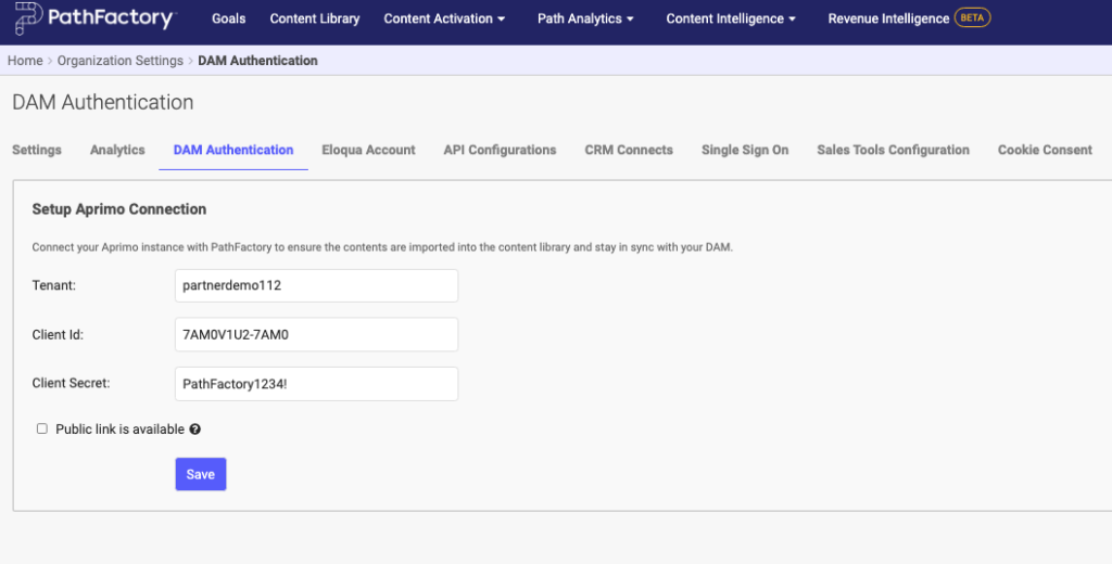 Setup Aprimo Connection menu