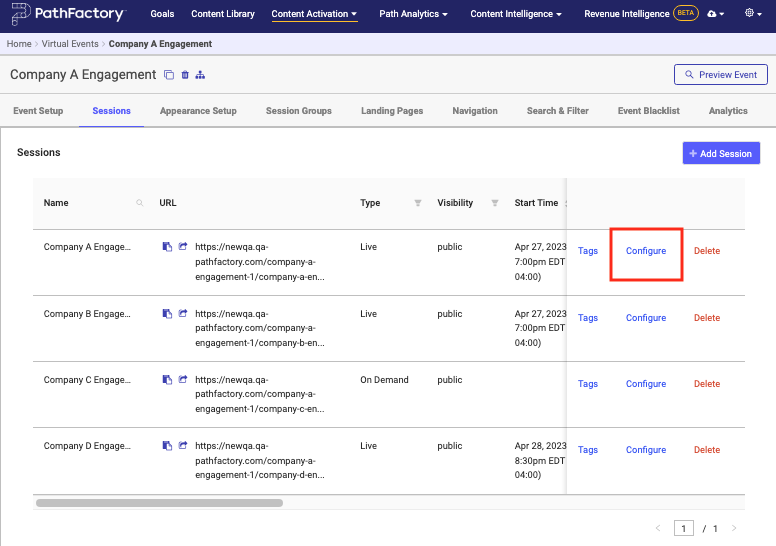 VEX Sessions Configure link 1