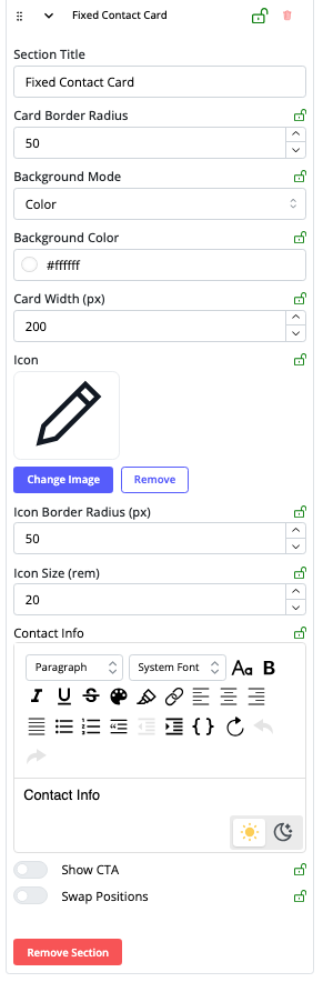 Fixed Contact Card menu