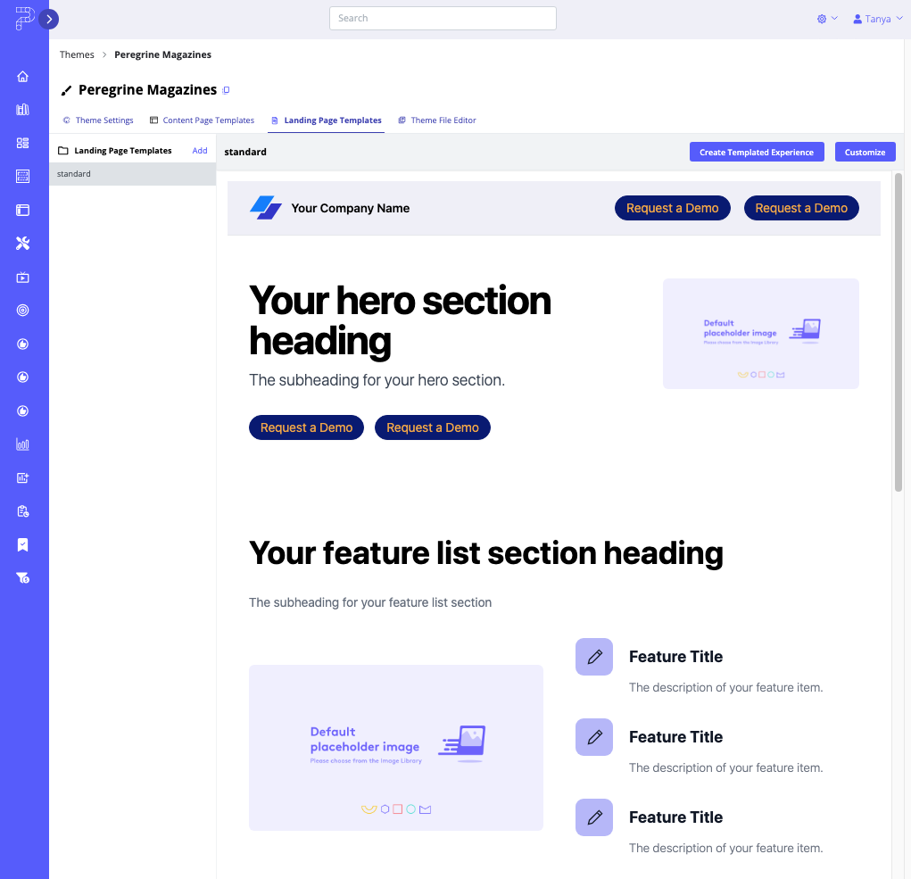 Landing Page Templates tab