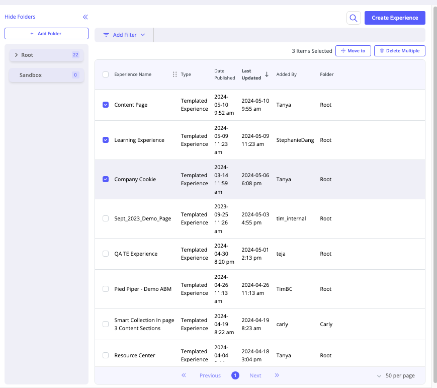 Selecting multiple Templated Experiences