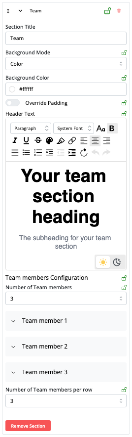 Team Section menu