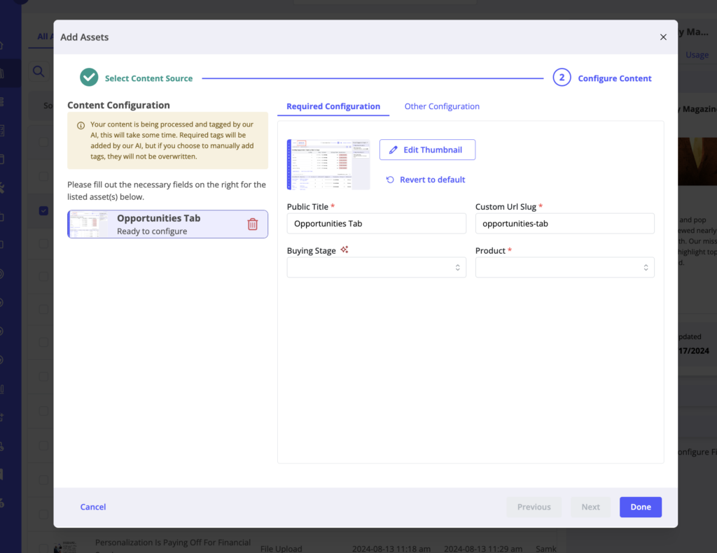 Content Configuration setup