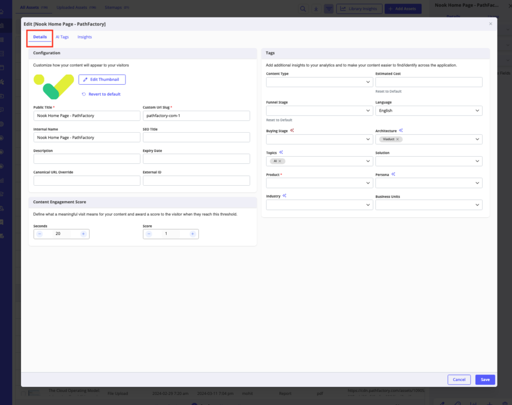 Content Asset Details tab 2