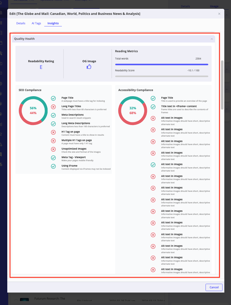 Quality Health metrics