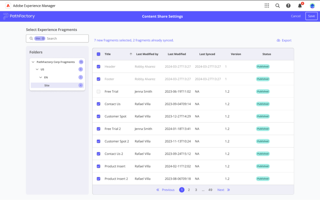 AEM Content Share Settings