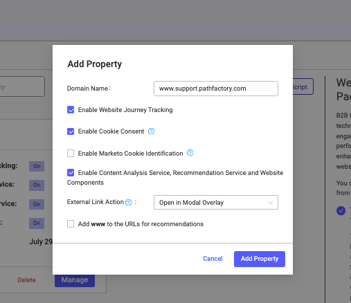 Website Tools Add Property menu