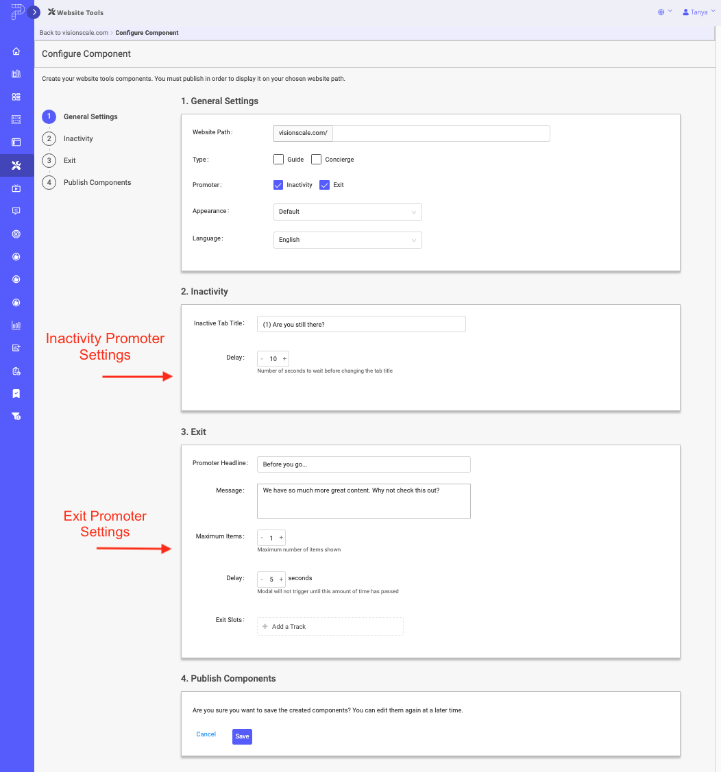 Website Tools Settings menus