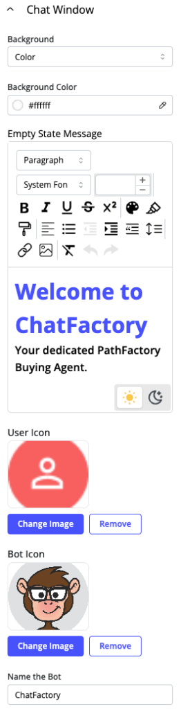 Chat Window Configuration - Background, icons and message Chat Window Configuration - Background, icons and message