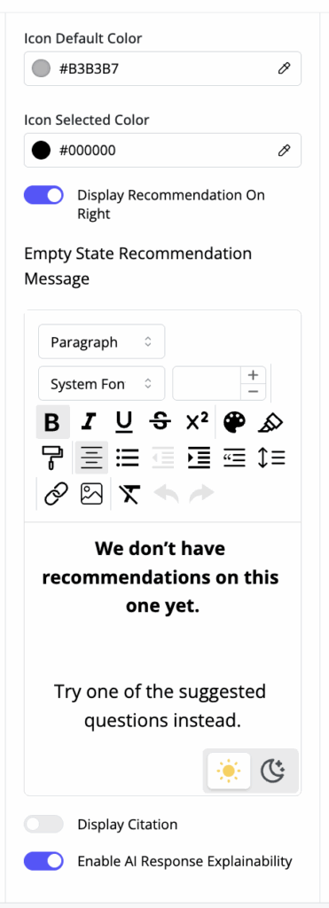 Chat Window Configuration - Icons, Recommendation Message and Display Toggles