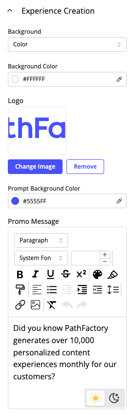 Experience Creation Background and Promo Messages Configuration Experience Creation Background and Promo Messages Configuration