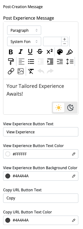 Experience Creation Message and Button Configuration Experience Creation Message and Button Configuration
